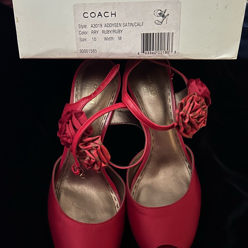 Coach Women's Red Satin Heels with Floral Accent